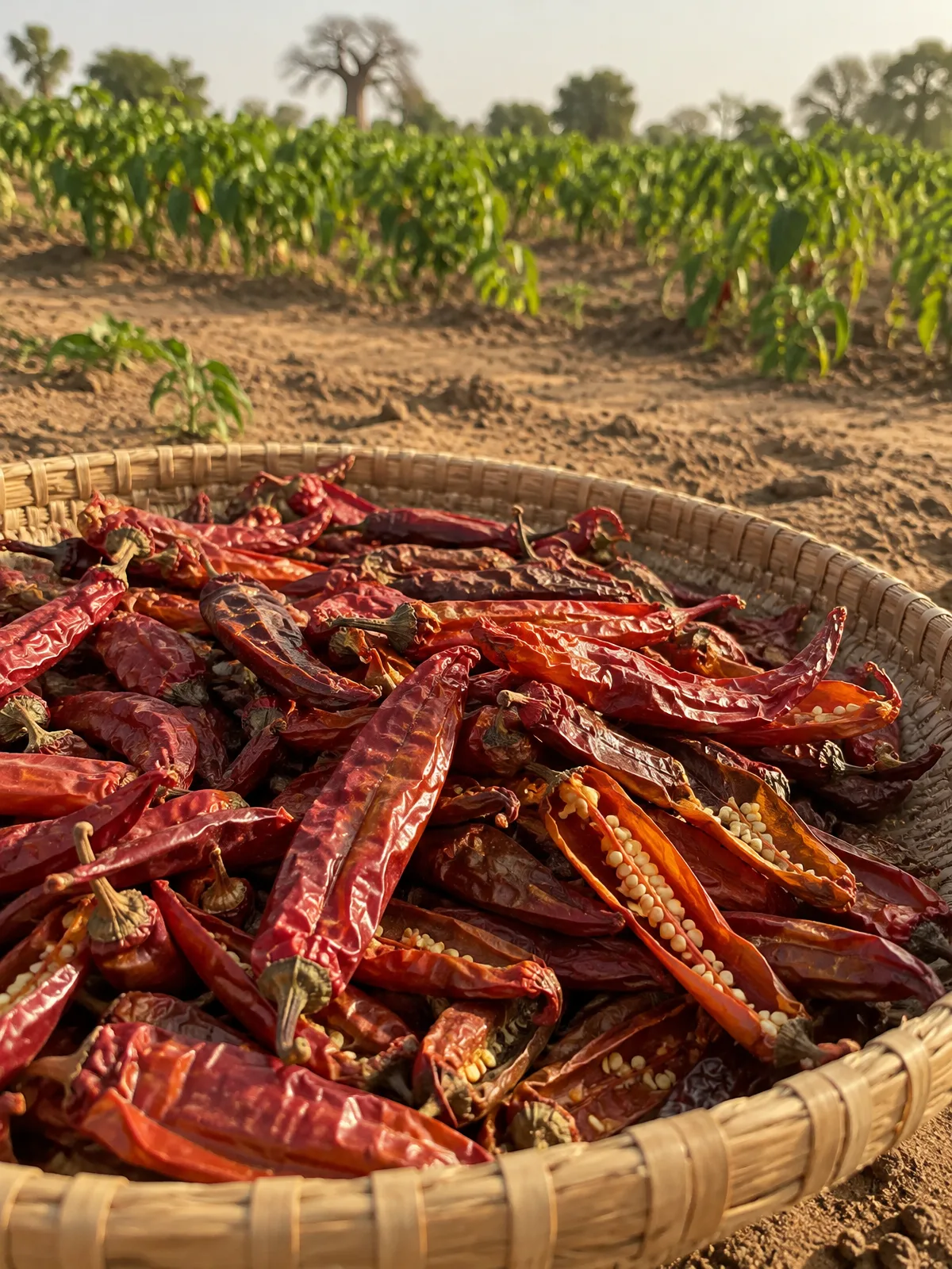 Red paprika peppers drying in a woven basket